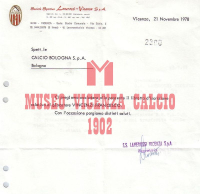 Lettera del Lanerossi Vicenza 21-11-1978