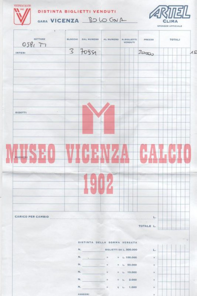 Distinta biglietti venduti Vicenza-Bologna