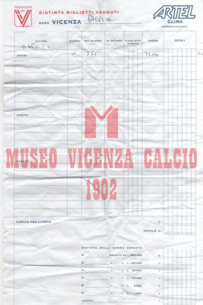 Distinta biglietti Vicenza-Parma
