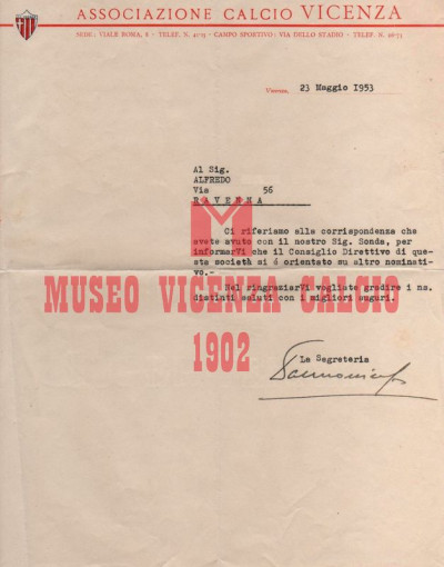 Lettera, Associazione Calcio Vicenza del 23-5 1953