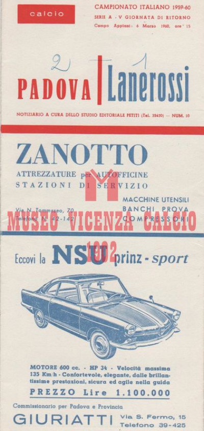 Programma Padova-L.R. Lanerossi 6-3-1960