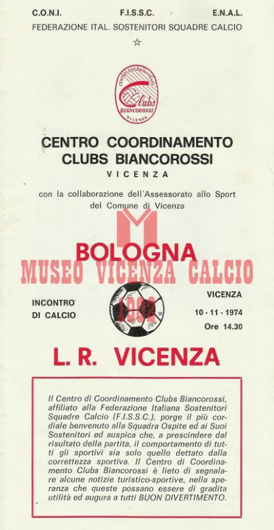 Programma Bologna-L.R. Vicenza 10-11-1974