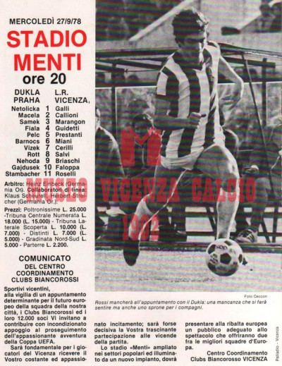 Programma L.R. Vicenza-Dukla Praga 27-9-1978 